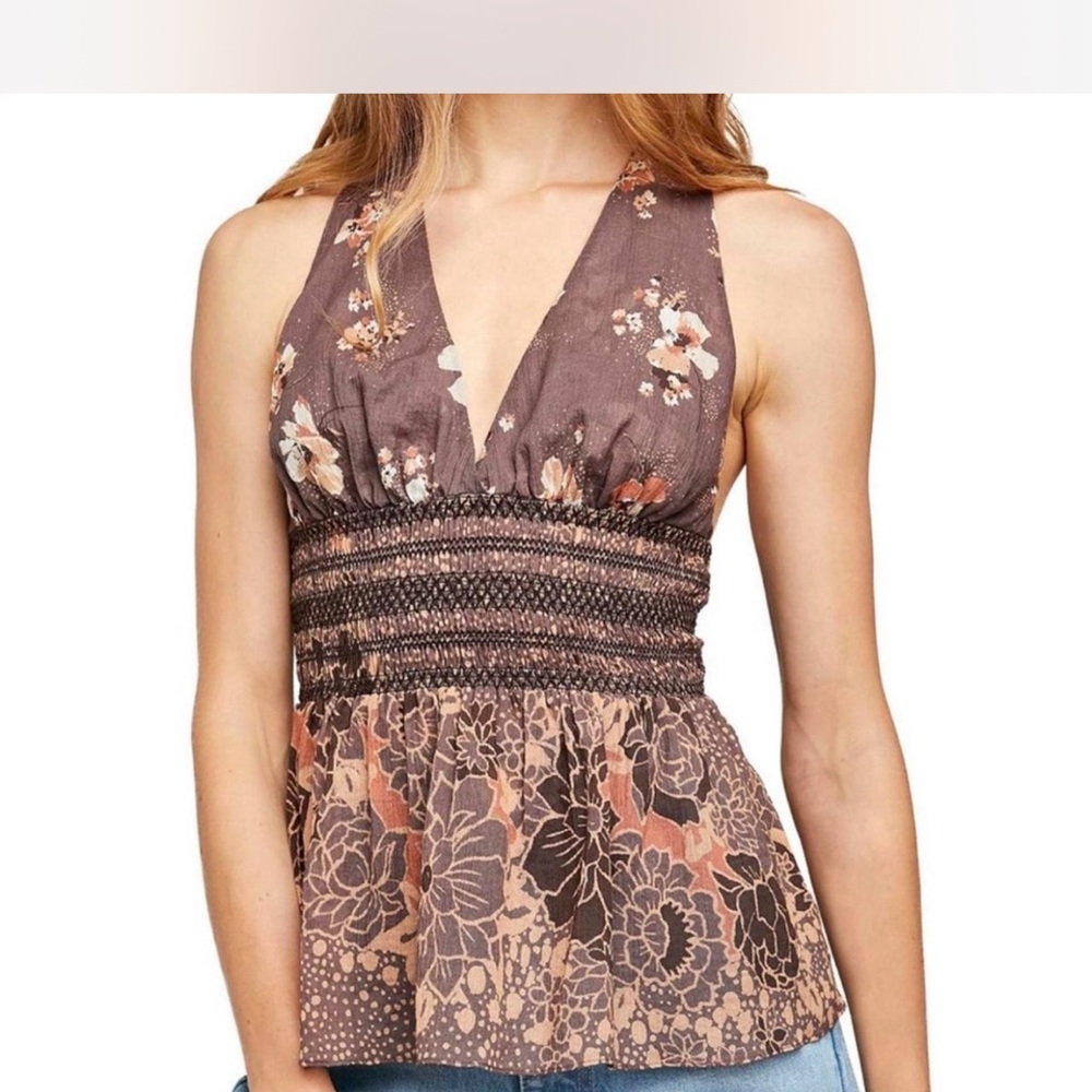 Free People Floral Brown Halter Blouse